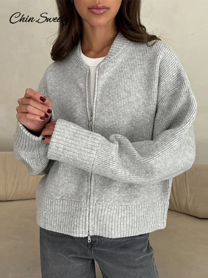 Cárdigan de punto con cuello redondo y cremallera para otoño e invierno, suéter liso holgado de manga larga para mujer, prenda de punto a juego para mujer.