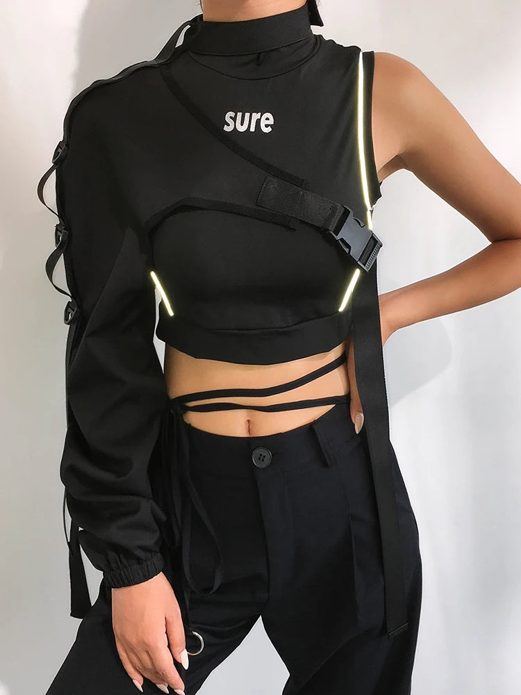 Neon Green One Shoulder Off Halter Top Harajuku Black Reflective Tshirt Women Hip Hop Street Wear Tee Shirt Femme