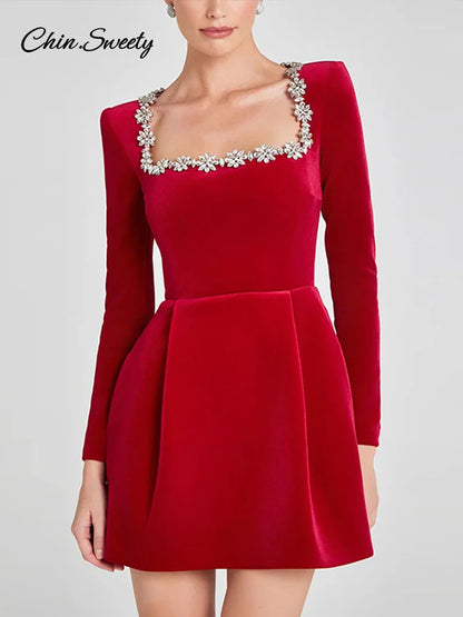 Elegant Rhinestone Decor Velvet Mini Dress Black Square Neck Long Sleeve High Waist A-line Dresses  Lady Evening Party Gown