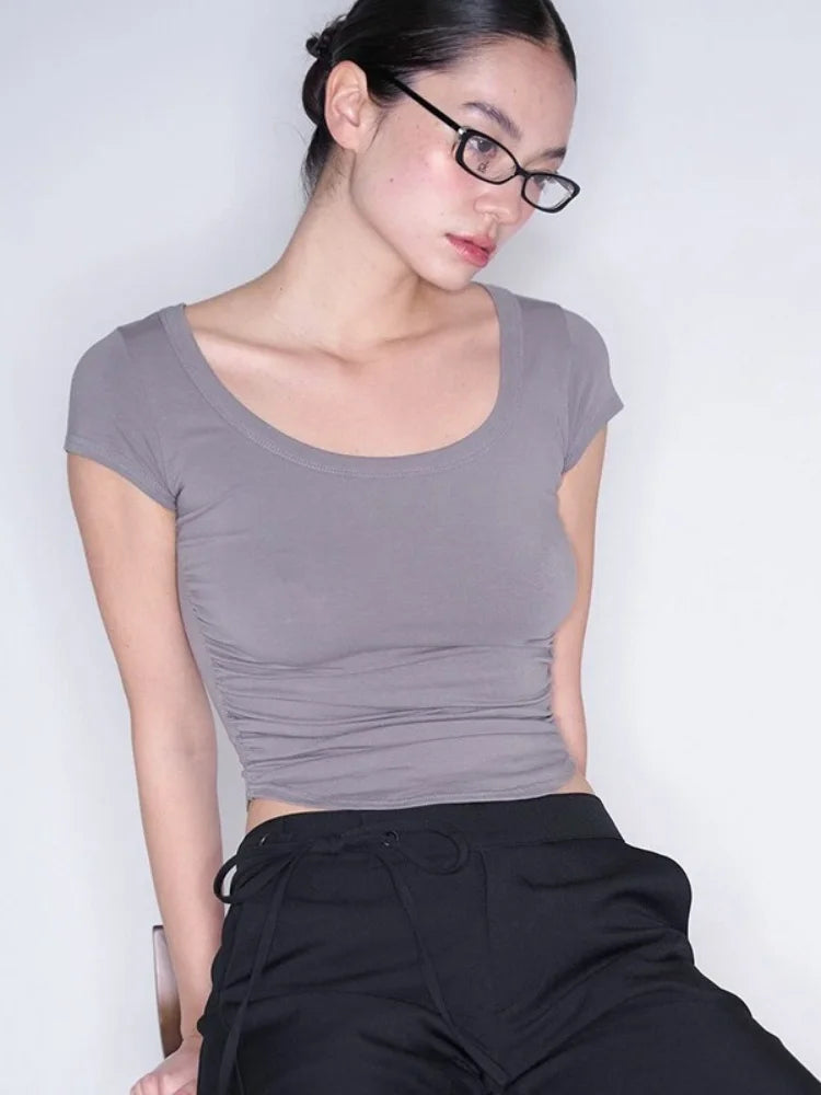 Solid T Shirts For Women Clothes Shirred Crop Top Short Sleeve Ropa De Mujer Skinny Y2k Accessories Camisetas Casual Outfits