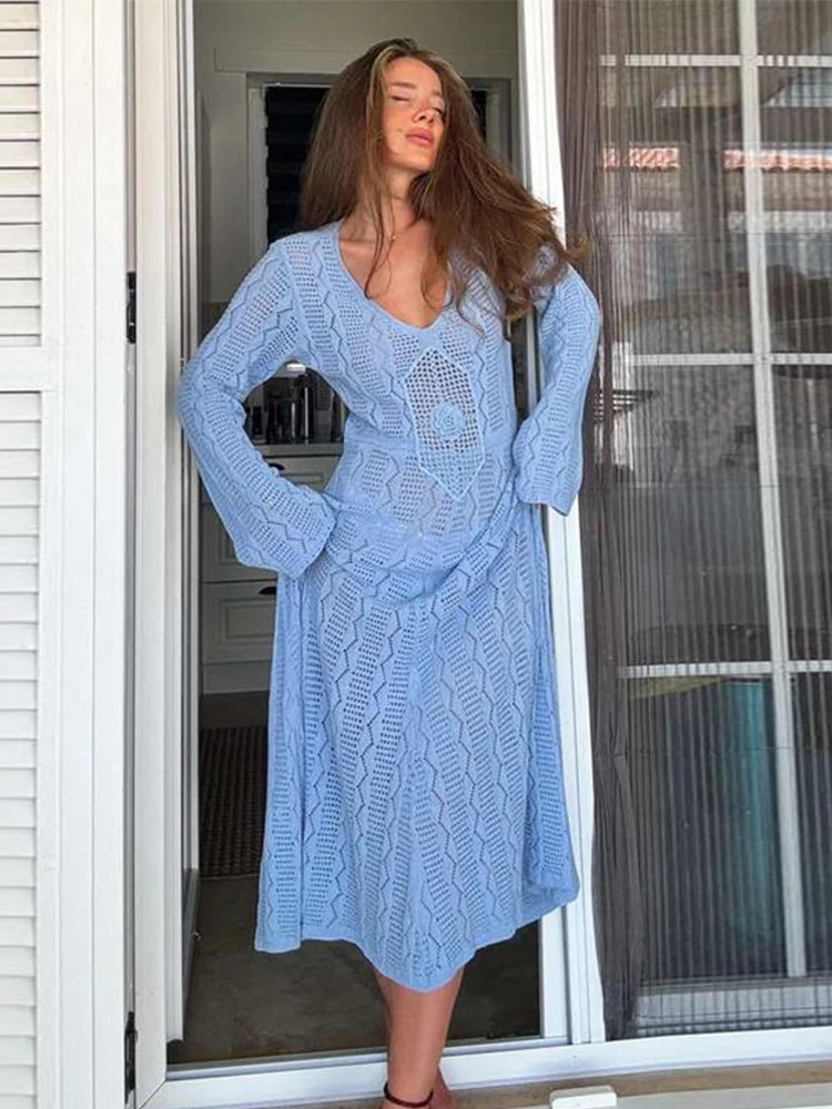 Vestido largo de punto elegante para mujer, sexy, ajustado, con cuello redondo, hueco, moda femenina, otoño, liso, para vacaciones y playa