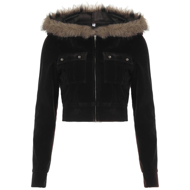 Autumn Trendy Velvet Short Women¡¯s Coat Zipper Faux Collar Hooded Simple All-Match Jackets Fashion New