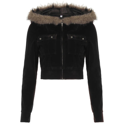 Autumn Trendy Velvet Short Women¡¯s Coat Zipper Faux Collar Hooded Simple All-Match Jackets Fashion New