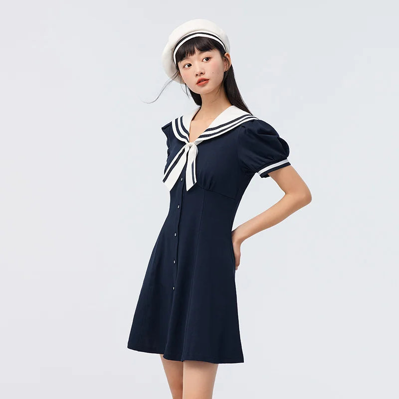 Vestido de verano para mujer, con mangas abullonadas, dulce, nuevo, con temperamento en contraste, cuello azul marino, vestido de primer amor, estilo academia.