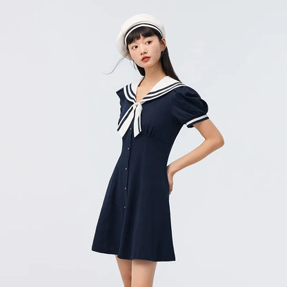 Vestido de verano para mujer, con mangas abullonadas, dulce, nuevo, con temperamento en contraste, cuello azul marino, vestido de primer amor, estilo academia.