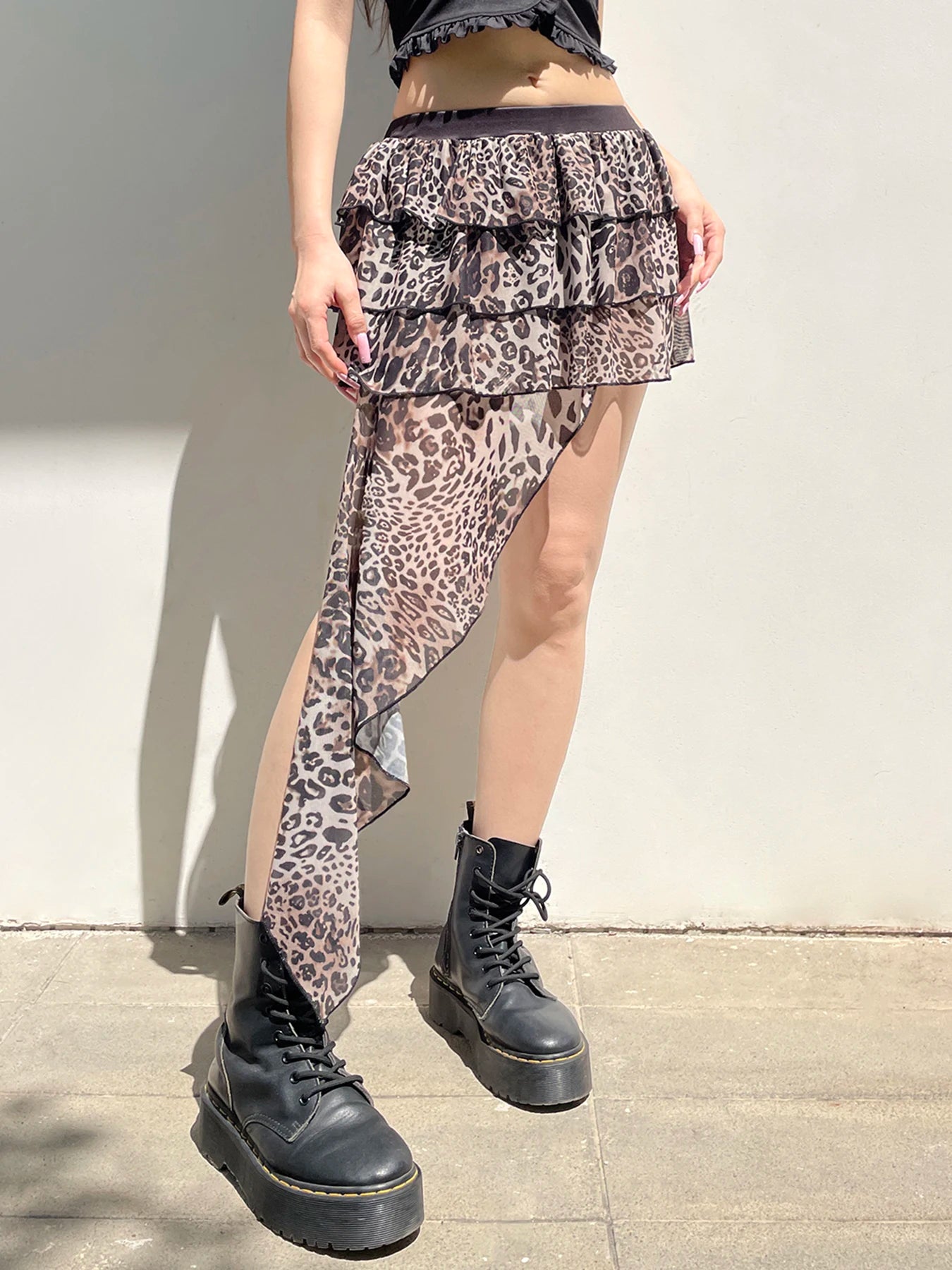 Falda de pastel irregular escalonada Hotsweet para mujer, minifalda con estampado de leopardo elegante Y2k, diseño Gyaru, nueva