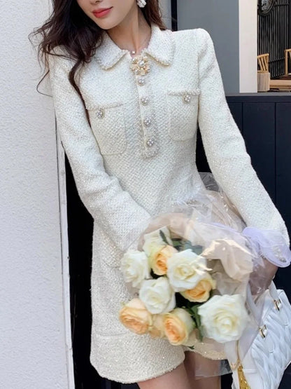 Elegante vestido corto estilo europeo de tweed con solapa y botones de cuentas, manga larga, moda para mujer, primavera-verano 2025 (9896)