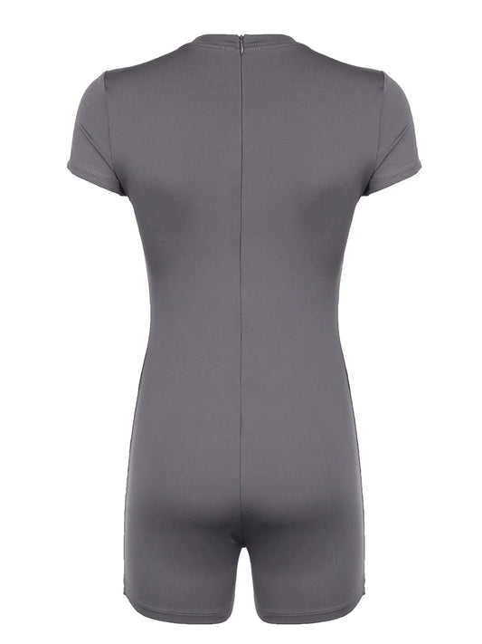 Monos ajustados sexis grises con cuello redondo y cremallera en la espalda, de manga corta, para mujer, color negro, liso, básicos, informales, deportivos, de verano