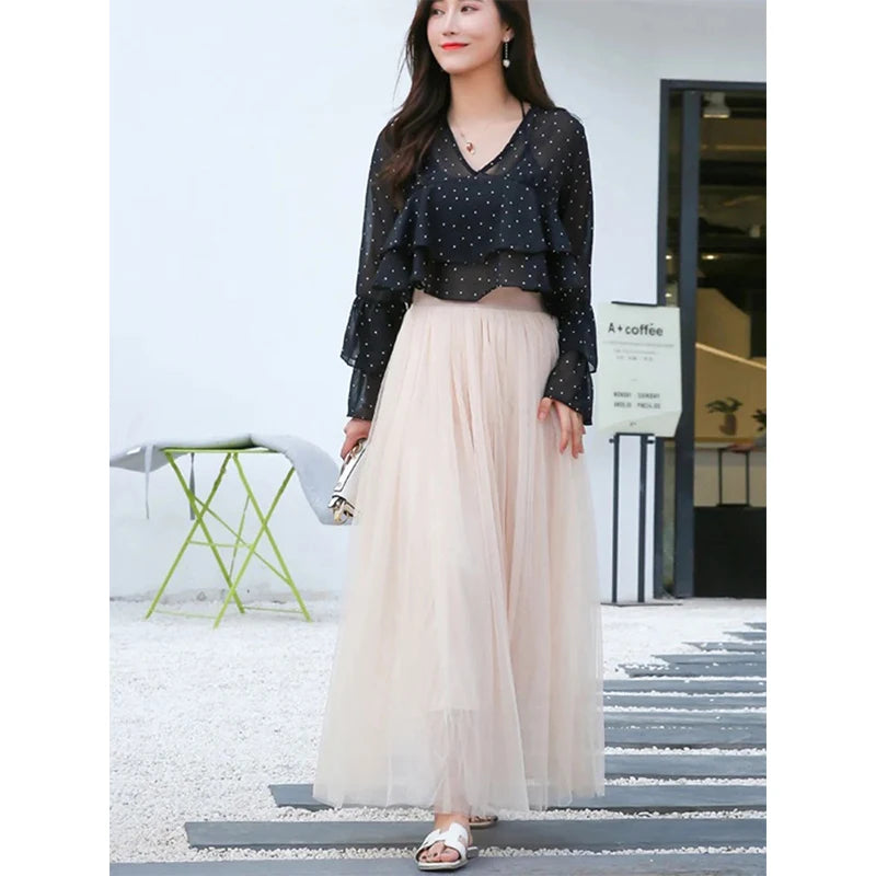 Falda de tul vintage para mujer, estilo urbano, elástica, de cintura alta, de malla plisada, elegante, estilo coreano, de verano, para oficina, nueva