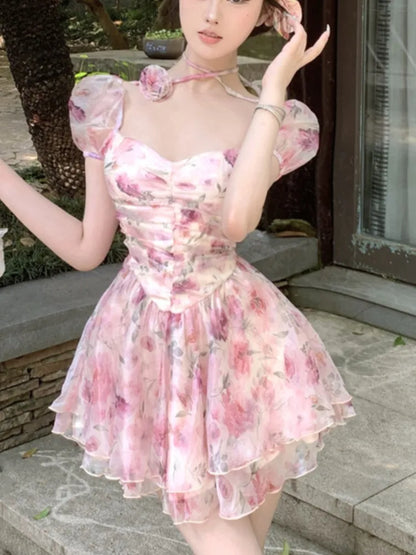 Elegante vestido corto floral de princesa para mujer, Y2K, con mangas abullonadas, espalda descubierta, estampado con volantes, corte en A, moda coreana, vestido de una pieza