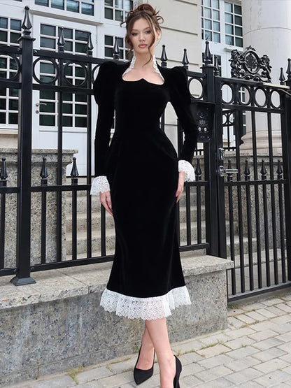 Vintage Floral Square Collar Long Dresses Women Elegant Puff Sleeve Lace Patchwork Maxi Dress Female Spring Chic Street Evening