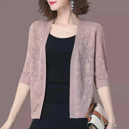 Fashion Thin Knitted Cardigan Summer Ice Silk Sun Protection Coat Women’s Short Knit Sweater Fashion Hollow Out Shawl Jacket