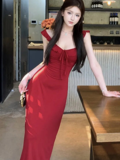 Vestidos de punto con tirantes finos para mujer, con cordones, ajustados, lisos, cuello cuadrado, elegantes, sexis, moda coreana, nuevos vestidos para mujer