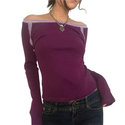 Fairy Grunge Top y2k Vintage Aesthetic Patchwork Off Shoulder Long Sleeve T Shirt 2000s Women Clothes Casual Streetwear