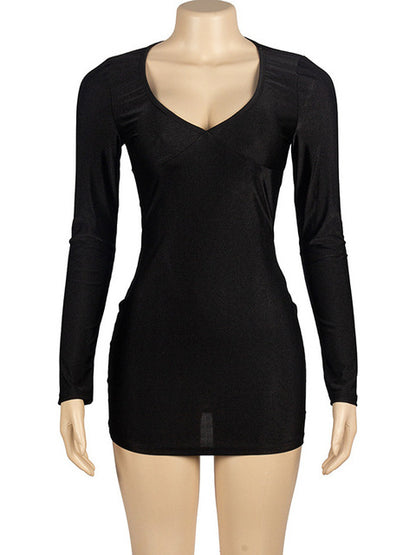 Falda corta ajustada con escote en V profundo y manga larga para mujer, sexy, elástica, estilo jersey, de cintura alta, para fiesta y calle.