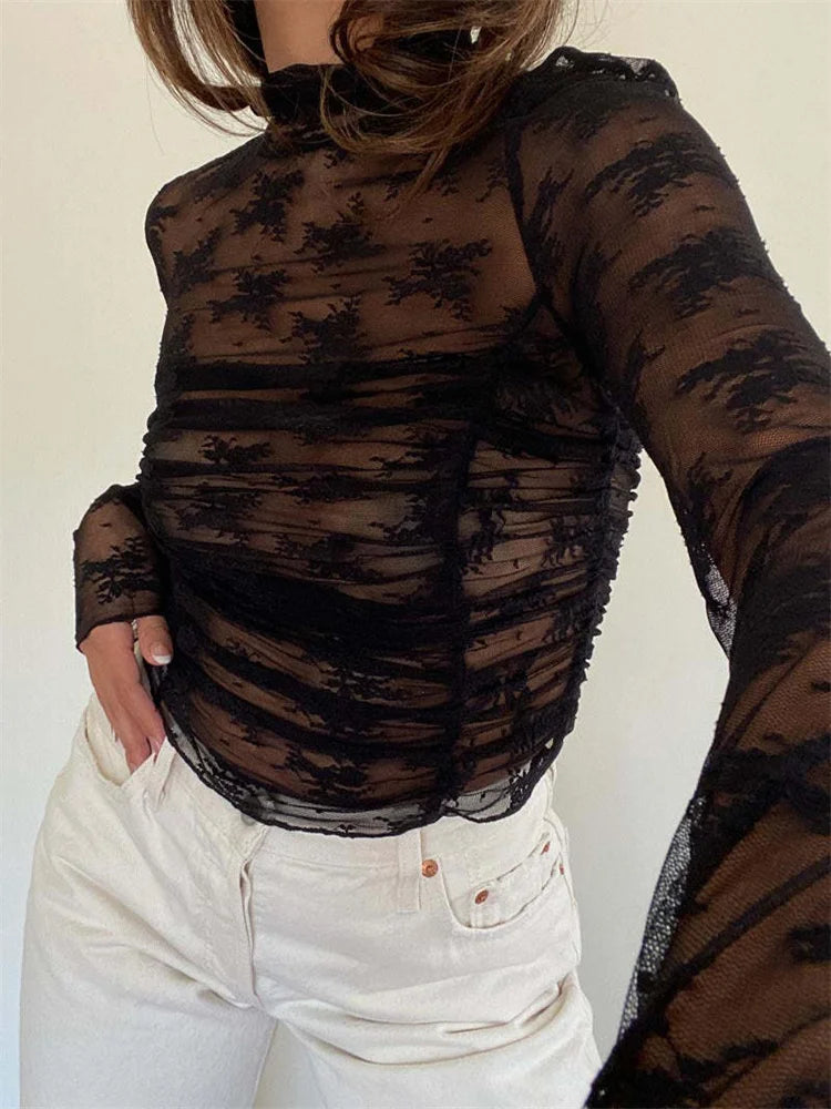 Camiseta de malla de encaje transparente para mujer, camiseta de manga larga estampada a la moda, jersey de contraste sexy de verano, camiseta ajustada para mujer