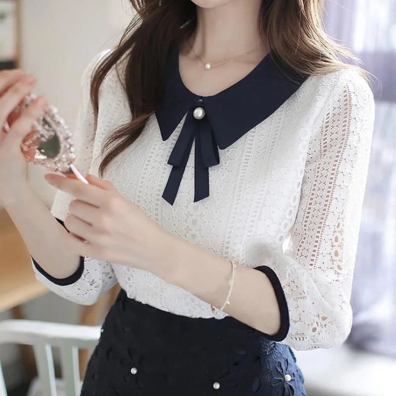 Blusa de encaje estilo primavera otoño para mujer, cuello Peter Pan, color liso, media manga, elegante, SP8676