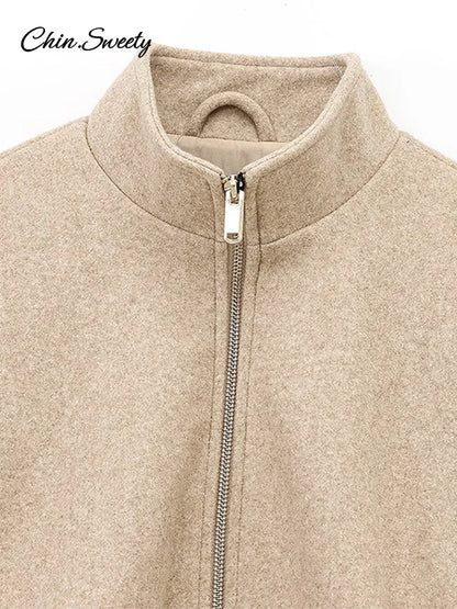 Vintage Women’s Khaki Bomber Jacket Stand Collar Zipper Pocket Long Sleeve Short Coats Female 2025 Spring Thick Warm Outwear New