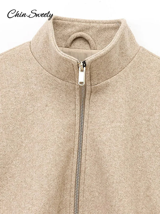 Vintage Women’s Khaki Bomber Jacket Stand Collar Zipper Pocket Long Sleeve Short Coats Female 2025 Spring Thick Warm Outwear New