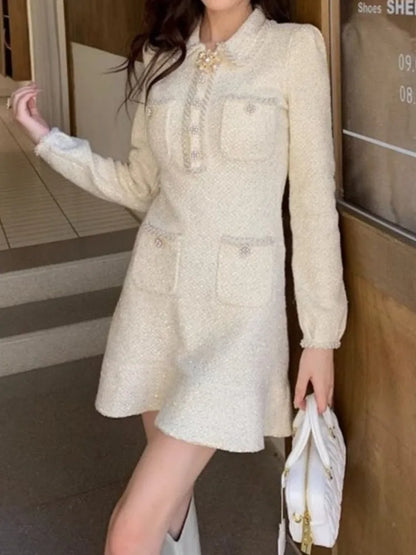 Elegante vestido corto estilo europeo de tweed con solapa y botones de cuentas, manga larga, moda para mujer, primavera-verano 2025 (9896)