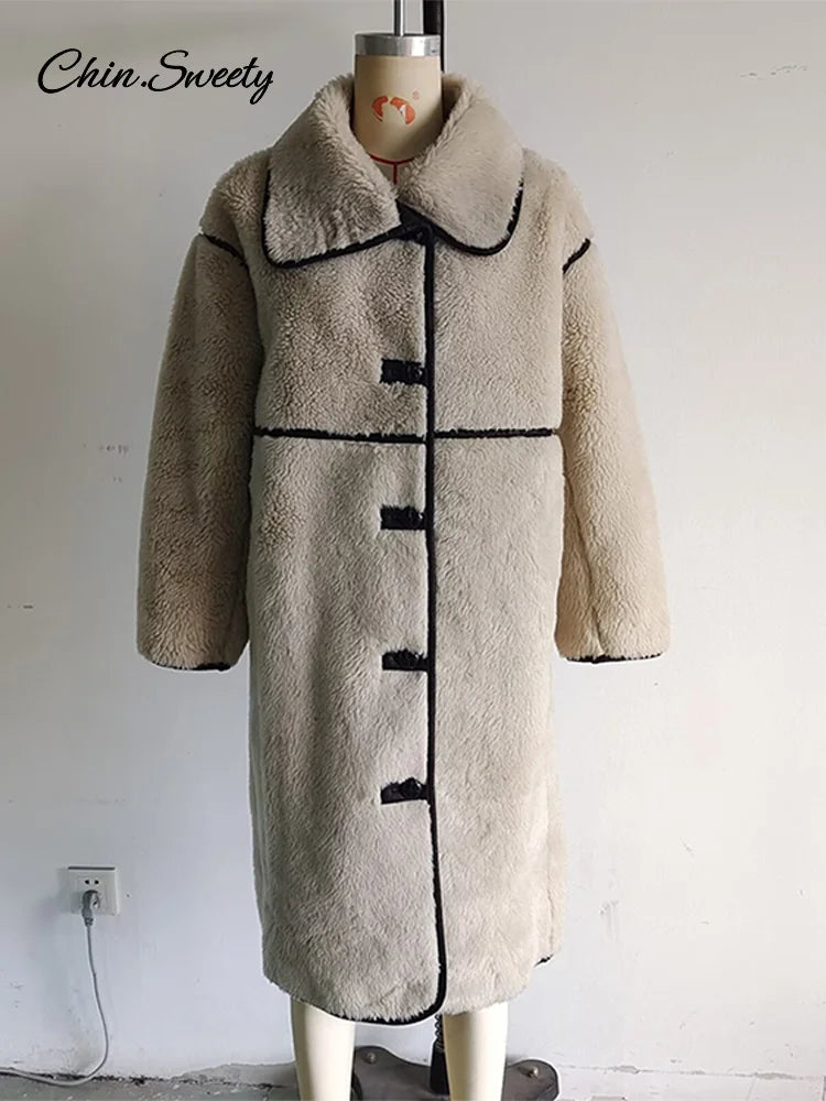 Fashion Beige Faux Fur Long Coat Women Winter Buttons Lapel Long Sleeve Lamb Fleece Jacket 2025 New Lady Loose Street Outerwear