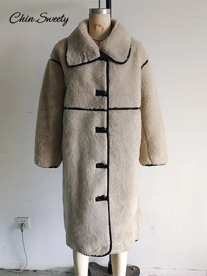 Fashion Beige Faux Fur Long Coat Women Winter Buttons Lapel Long Sleeve Lamb Fleece Jacket 2025 New Lady Loose Street Outerwear