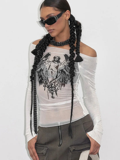 Fashion Knitted Mesh Character Print Graphic T Shirts Casual One-Piece Neckline Long Sleeve Women Clothes See-Through Y2k Top