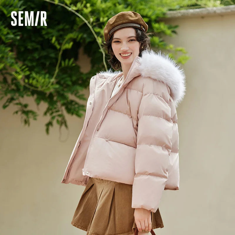 Chaqueta de plumón para mujer, con cuello de piel, con capucha, cálida, sencilla y versátil, nueva, impermeable, resistente al viento, abrigo holgado de invierno.