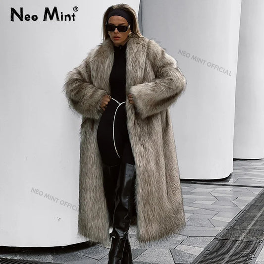 Abrigo largo de piel sintética con diseño de Mob Wife para mujer, chaqueta de piel de zorro esponjosa con degradado de invierno, abrigo peludo para mujer