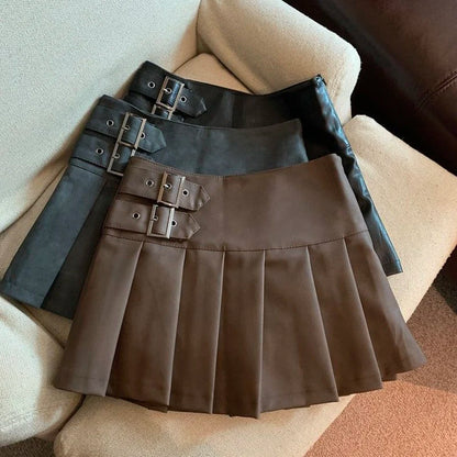 Minifaldas de piel sintética Y2K para mujer, estilo urbano, de cintura alta, plisadas, estilo vintage coreano, negras, ajustadas, informales, de corte A, tallas S-3XL