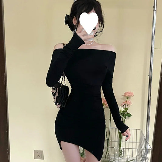 Vestido Y2K para mujer, color liso, hombros descubiertos, manga larga, dobladillo asimétrico, ajustado, minivestido para salir, club, fiesta