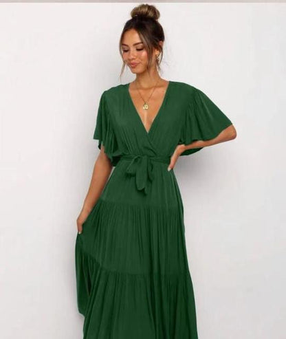 Vestidos largos con volantes de color liso de moda para mujer, sexys, con escote en V y mangas con volantes, vestido elegante con temperamento ahuecado para mujer, novedad de verano 2025