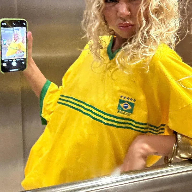 Camiseta holgada de manga corta con estampado de letras informal de cuello redondo para mujer de hip hop de Europa y Estados Unidos para primavera y verano