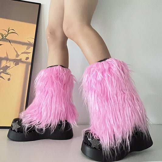 Calentadores de piernas de piel sintética de lujo para mujer, coloridos y lisos, estilo Gogo Fluffies Y2K, para chicas, estilo ciber hip hop, cubrebotas