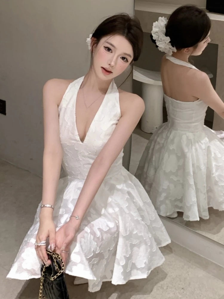 Y2K - Vestidos cortos con cuello en V y espalda descubierta para mujer, Jacquard, sin mangas, corte A, para fiesta de cumpleaños, graduación, minivestidos para mujer, nuevo