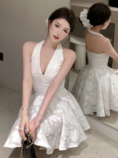 Y2K - Vestidos cortos con cuello en V y espalda descubierta para mujer, Jacquard, sin mangas, corte A, para fiesta de cumpleaños, graduación, minivestidos para mujer, nuevo