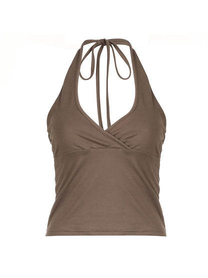 Top corto con cuello en V y lazo cruzado para mujer, liso, básico, informal, ajustado, sin espalda, sexy, sin mangas