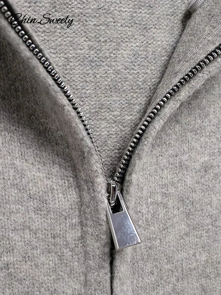 Casual Hooded Cardigans Women Gray Long Sleeve Soft Zipper Ribbed Sweater Female 2025 Spring Fashion Simple Slim-fit Top New