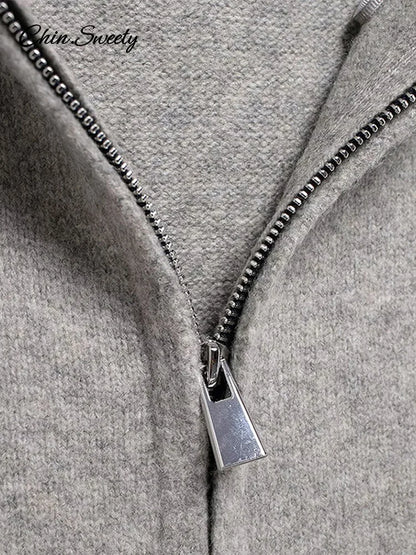 Casual Hooded Cardigans Women Gray Long Sleeve Soft Zipper Ribbed Sweater Female 2025 Spring Fashion Simple Slim-fit Top New