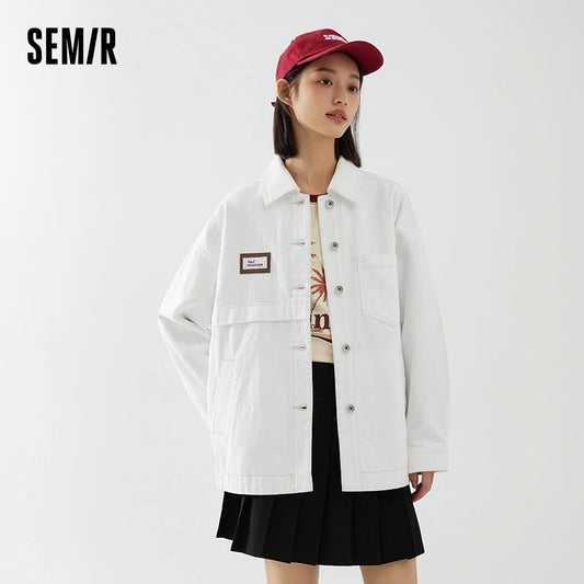 Chaqueta vaquera para mujer, de longitud media, con solapa, holgada, de algodón puro, estilo jacquard, para otoño
