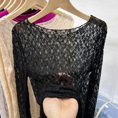 Camisetas de cuello alto y malla de encaje para mujer, camisetas de manga larga para otoño, estilo informal, ajustadas y finas, ropa para mujer