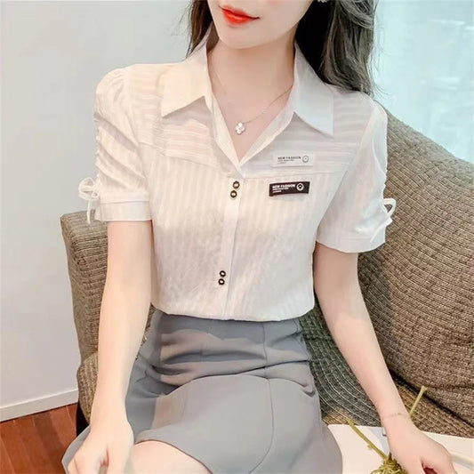 Blusas de verano para mujer, informales, de manga corta, con cuello vuelto, de color liso, DF4392