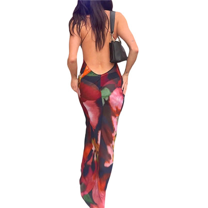 Lace Trim Dress y2k Aesthetic Women Leopard/Floral Print Sleeveless Long Dresses Sexy Backless Cocktail Party Dresses