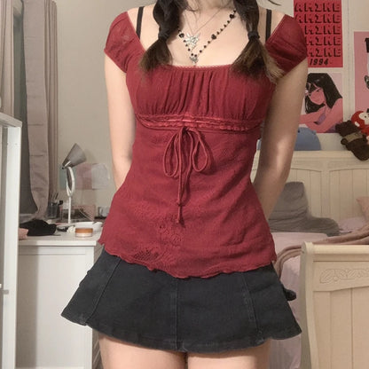 Elegante camiseta de cuello cuadrado para mujer, jersey de manga corta con lazo kawaii, camisetas Y2K vintage de hadas grunge, top corto para mujer, ropa retro