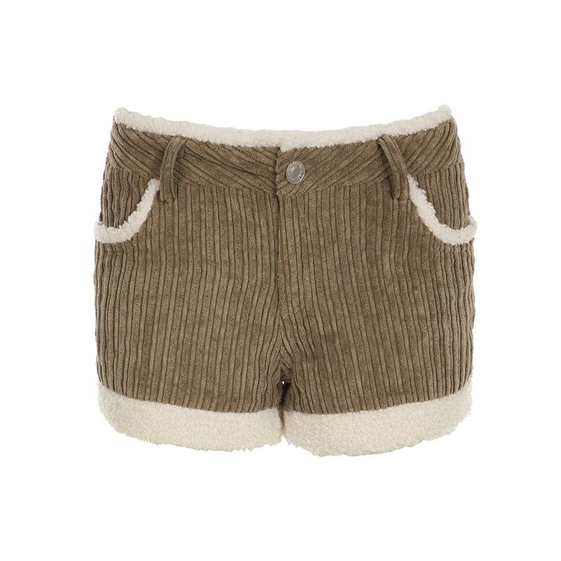 Pantalones cortos de pana para mujer, de moda, de otoño, sencillos, con ribete de piel sintética y diseño empalmado.