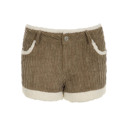Pantalones cortos de pana para mujer, de moda, de otoño, sencillos, con ribete de piel sintética y diseño empalmado.