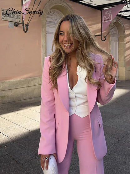 Elegant Blazer Pants Set Solid Loose Lapel Single-breasted Coat Wide Leg Trousers Sets  Fall Office New in Matching Suits