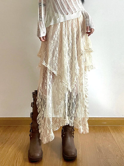Falda larga de encaje asimétrico para mujer, ropa de vacaciones de verano