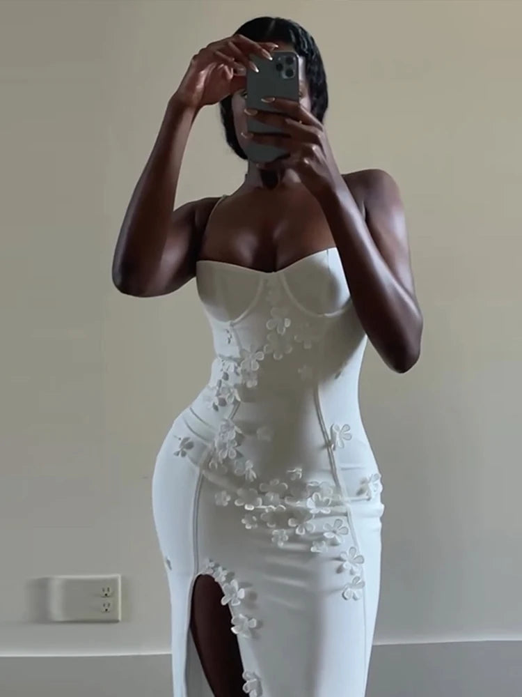 Sexy 3D Flowers Sling Tube Dresses Women Vintage Solid Slim Fit Sleeveless Slit Long Dress Female Spring Chic Evening Vestidos