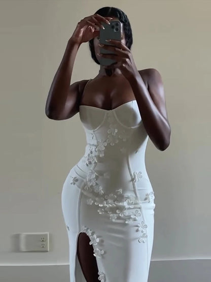 Sexy 3D Flowers Sling Tube Dresses Women Vintage Solid Slim Fit Sleeveless Slit Long Dress Female Spring Chic Evening Vestidos